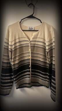 Vintage Reba Rose Striped Neutral Knit Button Down Cardigan Sweater Small